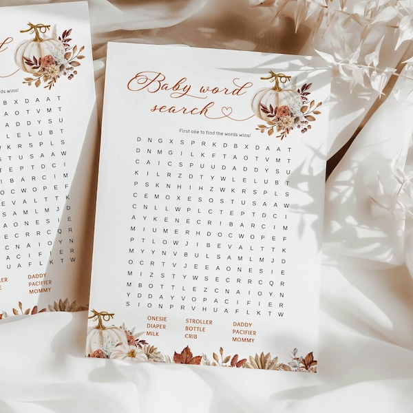 Baby Word search shower game | Ready to print! | Baby shower Word search game, Little Pumpkin baby shower, Fall flowers theme, BBS25