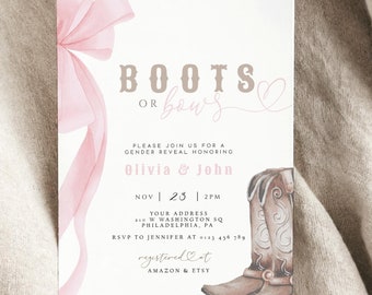 Boots or bows Gender reveal invitation Cowboy Gender Reveal Invite Western Gender reveal invitation Vintage He or she Boy or Girl TGR02