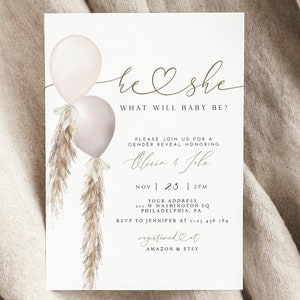 Boho Baby Gender Reveal Invitation Bohemian Gender reveal invitation Vintage Gender reveal balloon Neutral beige baby invite He or she TGR01