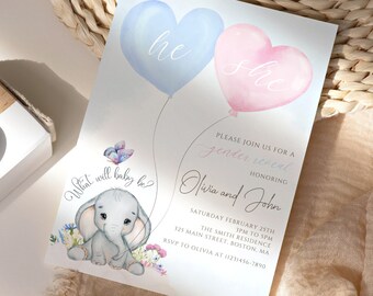 Baby elephant He or She Gender Reveal INVITATION | FREE edit! Printable | Butterfly invite Elephant invite Gender reveal invite GR06
