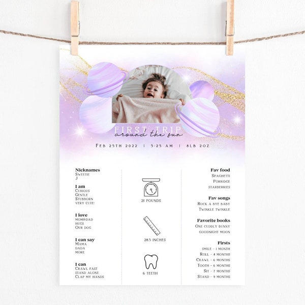 FBD02 MILESTONE SIGN pastel 1st birthday - part of bundle | Planets solar system stars pink purple space sun first trip | free edit