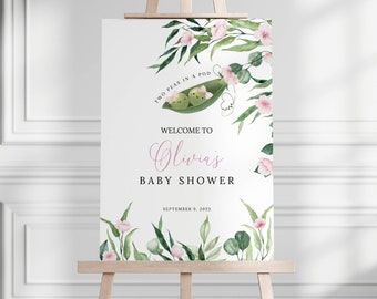 Twin girls baby shower welcome sign, Two peas in a pod, Personalized, Greenery, Pink flowers, DIY baby shower decor, Twin girls party, BBS21
