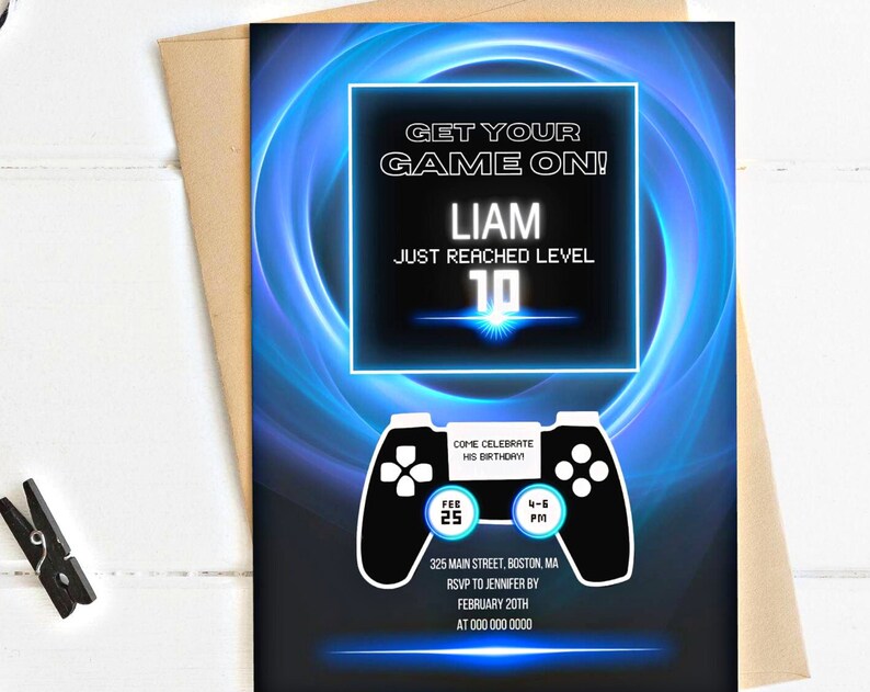 Gaming PS5 birthday party invitation template printable Neon Blue Spiral PS5 Playstation Controller Level up Cool boy Invite