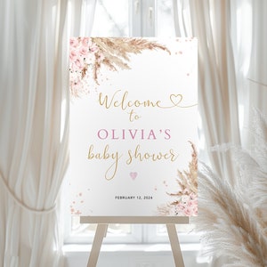 Boho baby shower Welcome sign Pampas welcome sign Canva Printable Girl Baby shower decorations Baby shower sign Instant download BBS33
