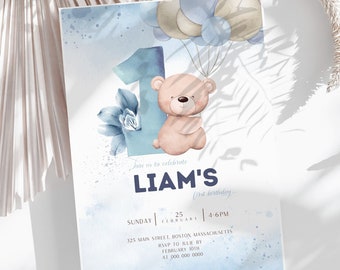 Beary first birthday invitation template - instant download - printable - 1 year | teddy bear | balloons | watercolors | vintage FBD03