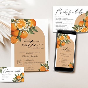 A little cutie is on the way, Baby shower invitation set, Boho invite, Oranges decor, books for baby card, diaper raffle, floral arch, BBS30