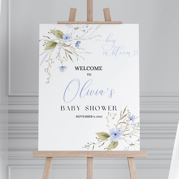 Baby boy in bloom welcome sign, Baby shower welcome sign | printable | Blue wildflowers, Baby shower poster, Baby in bloom, BBS17