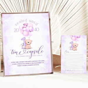 TIME CAPSULE & answer cards - matching items | Add personal photo! | First birthday girl Pastels balloons Teddy bear Stars pink purple FBD06