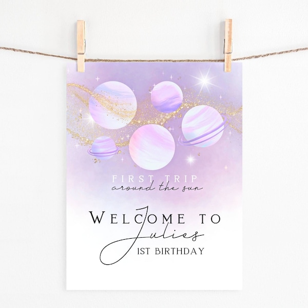 FBD02 WELCOME SIGN 1st birthday | Pastels planets solar system stars pink purple space sun first trip | free editable template