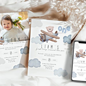 Beary first birthday invitation & evite | Printable | Teddy bear birthday, Airplane, Turning one, Baby blue, First birthday boy, FBD04