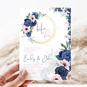 INSTANT DOWNLOAD! FREE edit! Pink blue floral gender reveal invitation | he or she roses flowers gold details