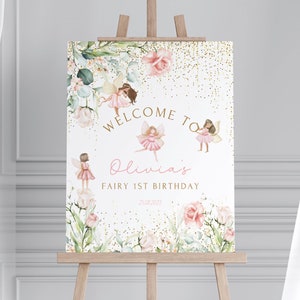 Printable Welcome sign, Fairy 1st birthday, Birthday girl, Pink roses, Birthday decor, Digital Template, First birthday poster, FBD10A