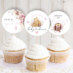 Winnie the Pooh Baby shower decorations Cupcake topper Printable Winnie the Pooh baby shower cake It's a girl Pooh bear Cupcake decor BBS44
