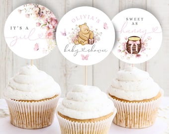 Winnie the Pooh Baby shower decorations Cupcake topper Printable Winnie the Pooh baby shower cake It's a girl Pooh bear Cupcake decor BBS44