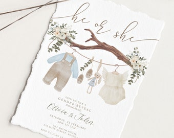 Boho Gender reveal invitation Gender reveal ideas He or she what will baby be? Bohemian gender reveal invite Baby girl clothing GR12