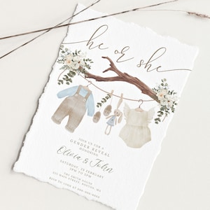 Boho Baby Gender Reveal party Invitation, He or she card, Bohemian design, Baby clothing, Printable Gender Reveal Party Invite GR12