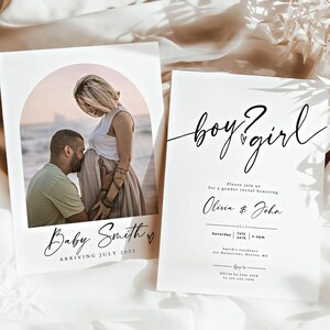 Beautiful minimalistic gender reveal invite | printable | Black & white invitation Double sided card Boy or girl He or she party GR
