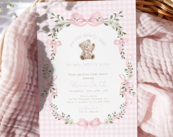We can bearly wait baby shower invitation, It's a girl baby shower digital invite, Teddy bear invitation Pink gingham coquette decor BBS93