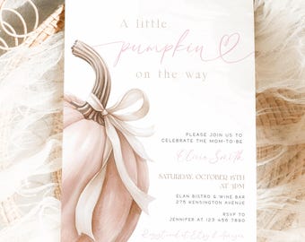 May include: A blush pink baby shower invitation with a watercolor pumpkin illustration and the text "A little pumpkin on the way." The invitation includes event details and RSVP information.