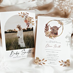 Beautiful highland cow baby shower invite | printable | Boy girl Boho party invitation Double sided card Bohemian flowers Two-sided BBS16