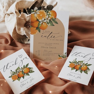 A little cutie is on the way, Baby shower invitation set, Thank you card, Boho invite, Oranges decor, floral arch, Thank you note, BBS30