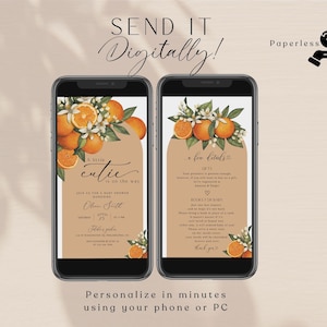 A little cutie is on the way, Baby shower electronic invitation, Oranges citrus decor, Phone invite, Bohemian baby,  boho floral arch, BBS30