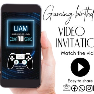 Convite animado de vídeo/telefone para aniversário de jogo! Neon Blue PS5 Playstation Controller Level up Boy Girl Convite Eletrônico Digital Evite