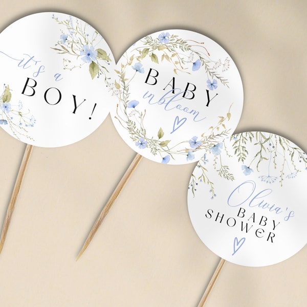 Baby shower CUPCAKE TOPPERS | free edit | Floral Blue wildflower Baby boy in bloom Printable Cupcake decor Cake topper BBS17