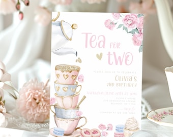 Editable tea party invitation Tea for two birthday Princess tea party Cute Fairy tea party Whimsical tea party Tea for three invite BD26