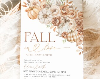 May include: A rectangular invitation card with the text "FALL in love" and floral and pumpkin illustrations in shades of brown, beige, and white. The card includes event details and the name "Elvie Smith".