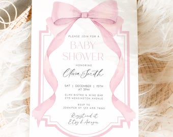 Blush Pink Bow Baby Shower Invitation Editable Elegant Watercolor Coquette Bow Invitation Pink Girl Baby Shower Invite Pink Ribbon TBS49