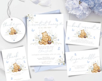 Winnie the pooh baby shower invitation bundle Printable Blue Winnie the Pooh baby shower invite Pooh bear Baby shower Evite Decoration TBS18