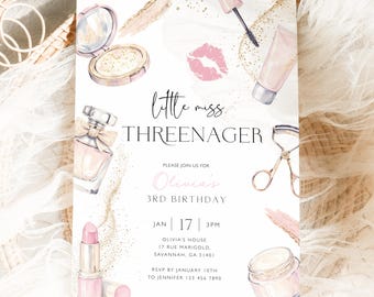 Little miss threenager invitation, 3rd birthday invite, In my threenager era, Spa party birthday invite Pamper party Pink Glitter Glam BD22