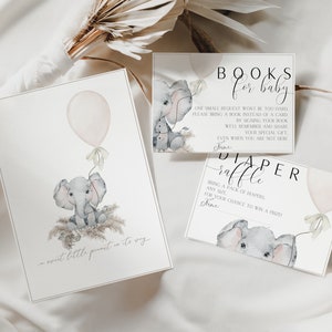 Elephant baby shower invitation set - diaper raffle&books for baby card | digital download | FREE edit | printable | boho minimalistic BBS10