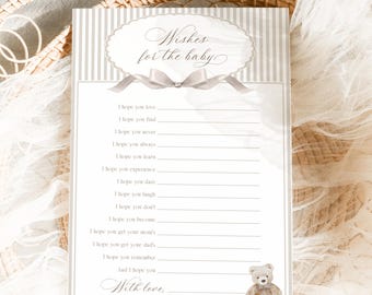 Printable Wishes for baby, We can bearly wait Baby Shower games, Teddy bear Baby Shower activity, Editable template, Gender neutral, BBS69