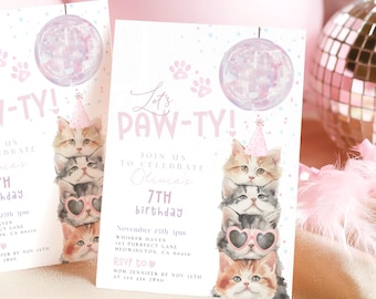 Cats birthday invitation, Kitty invitation Lets pawty birthday invite Disco birthday 5th birthday invitation 13th birthday Pink kittens BD25