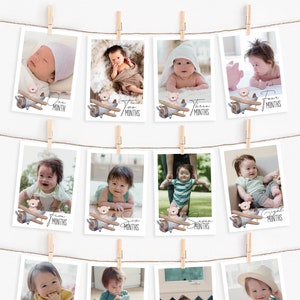 12 POLAROID MILESTONE cards first birthday | MATCHING products! | free edit | Teddy bear Balloon Watercolor Boy Plane First Year Photo fbd04