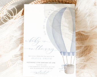 Hot air balloon baby shower invitation, Up up and away a baby is on the way digital invite, It's a boy baby shower, Editable template BBS91