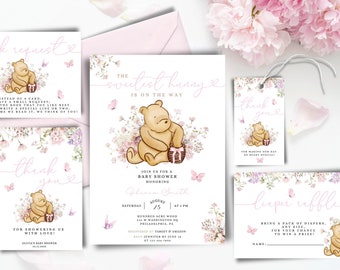 Winnie the Pooh Baby shower Invitation Bundle Pooh bear Baby shower favors Printable Pink Winnie the Pooh Baby shower Diaper raffle BBS44