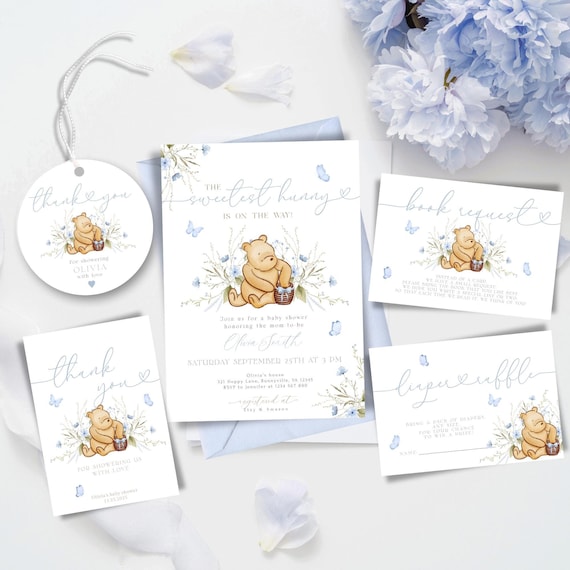 Winnie the pooh baby shower invitation bundle Printable Blue Winnie the Pooh baby shower invite Pooh bear Baby shower Evite Decoration TBS18