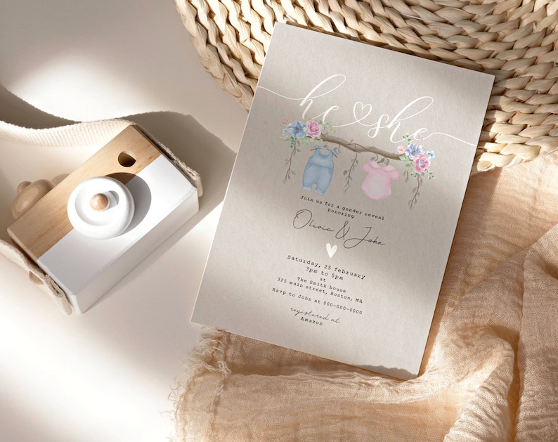 Digital Gender reveal invite - Printable Unique Gender Reveal Ideas, Bohemian gender reveal, Pink Baby blue, Gender Reveal Invitation GR04 image 6