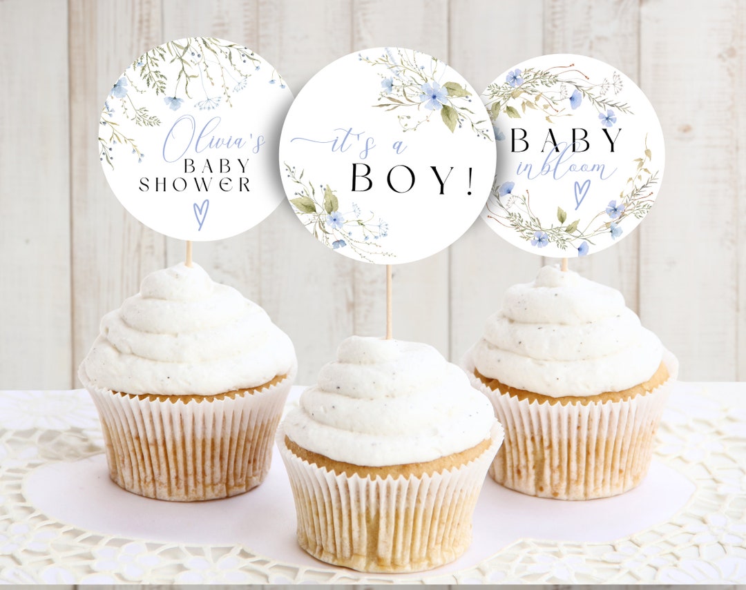 Cupcake Toppers Wildflower Baby Shower Decorations - 40PCS Blue Floral For Boy  Baby In Bloom Theme Party Baby In Bloom Baby Shower, image size:1080x855