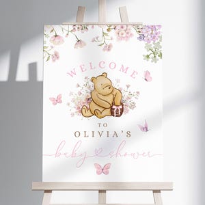Winnie the pooh Baby shower Welcome sign Printable Pink Winnie the Pooh baby shower decorations Winnie the pooh baby shower sign BBS44