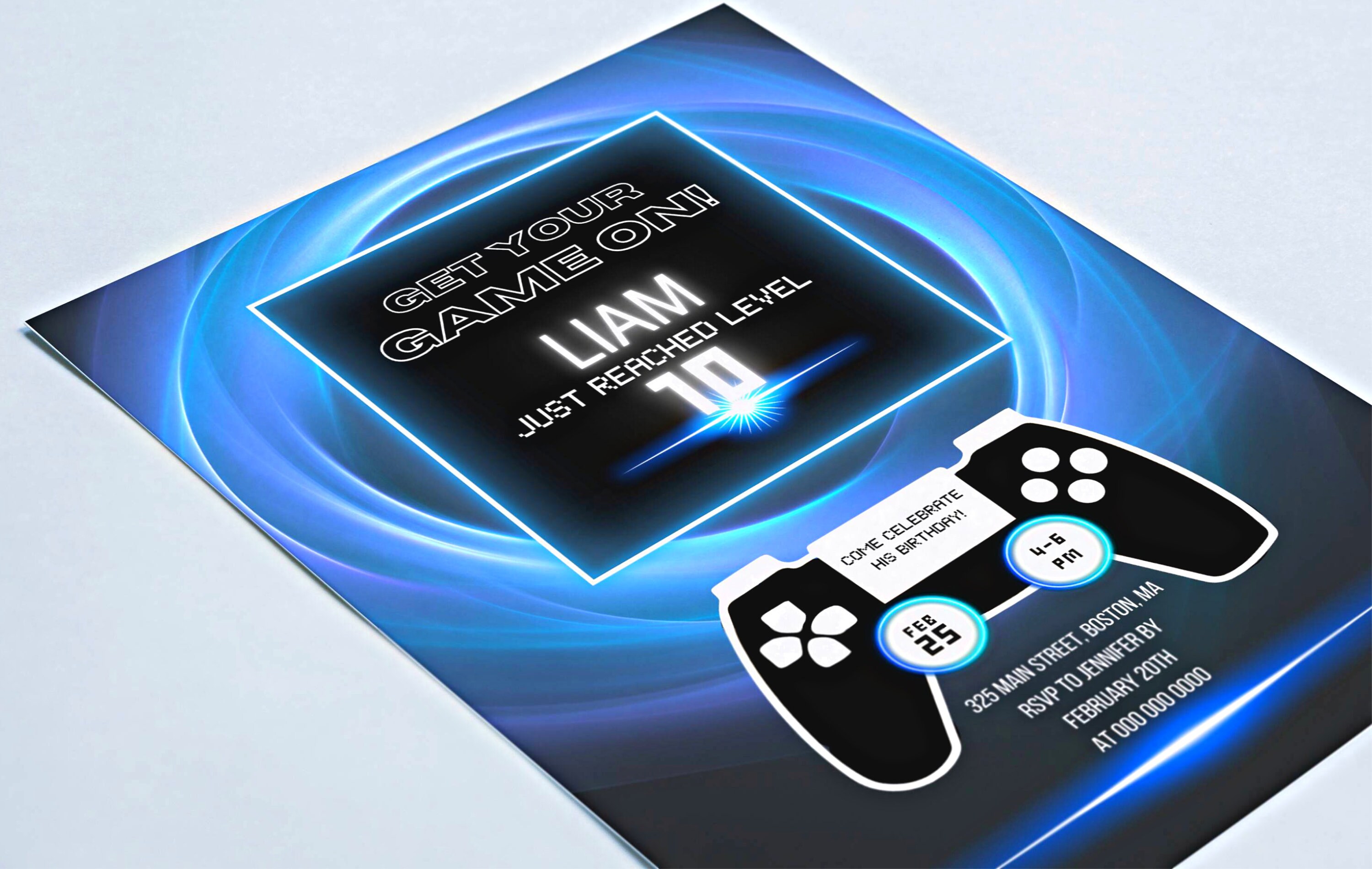 Gaming PS5 Birthday Party Invitation Template Printable Neon Blue