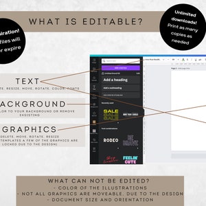 May include: A graphic illustrating what can be edited and what cannot be edited in a digital template. Editable elements include text, background, and graphics. Non-editable elements include the colour of the illustrations and the document size and orientation. The image also shows an example of a template with a pink heart and flowers.