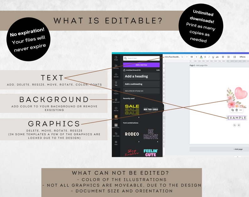 May include: A graphic illustrating what can be edited and what cannot be edited in a digital template. Editable elements include text, background, and graphics. Non-editable elements include the colour of the illustrations and the document size and orientation. The image also shows an example of a template with a pink heart and flowers.