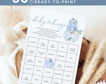 Printable Baby bingo baby shower game Little pumpkin baby shower Boho Fall Baby shower Baby shower activity Dusty blue floral BBS41
