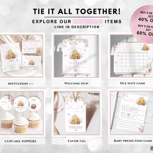 May include: A set of Winnie the Pooh themed baby shower party printables. The set includes an invitation, welcome sign, due date game, cupcake toppers, favor tag, and baby prediction game. The printables feature a pink and white color scheme with floral accents and a cute Winnie the Pooh illustration.
