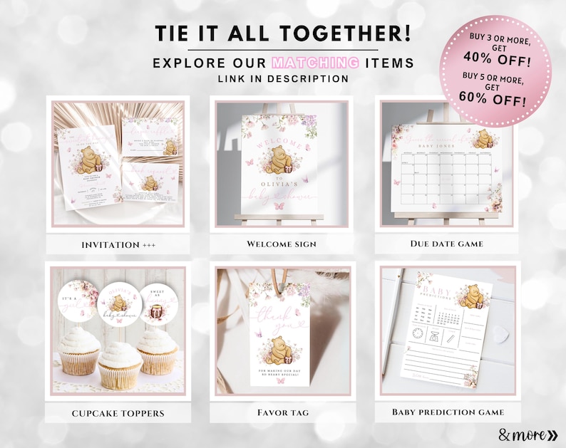 May include: A set of Winnie the Pooh themed baby shower party printables. The set includes an invitation, welcome sign, due date game, cupcake toppers, favor tag, and baby prediction game. The printables feature a pink and white color scheme with floral accents and a cute Winnie the Pooh illustration.
