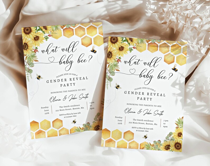 Gender Reveal INVITATION Baby Bee He or She | FREE Edit!printable ...